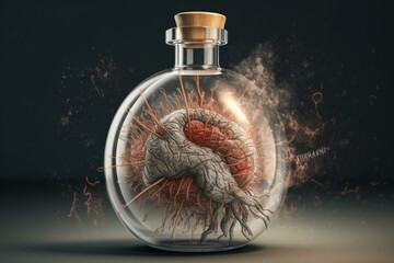 Drawing of medicine-filled flask fighting virus. Generative AI - obrazy, fototapety, plakaty