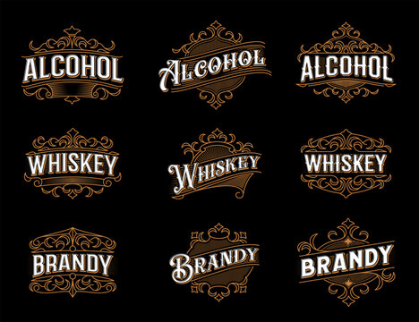 Vintage alcohol labels. Whiskey, brandy badge flourish embellishments, craft alcohol drink or beverage bottle ornamental decoration, classic labels. Restaurant bar, pub or distillery vintage emblem