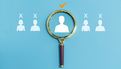 HR - Human resources recruitment, HRM, CRM, management, magnifier glass choose manager icon, staff, human, development, recruitment leadership, target group, choose employee concept