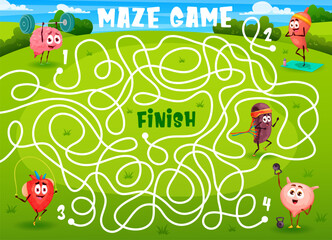 Labyrinth maze, cartoon funny human organs sportsman characters on green meadow, vector quiz game. Kids labyrinth maze worksheet find way for heart, brain and kidney on fitness sport and yoga