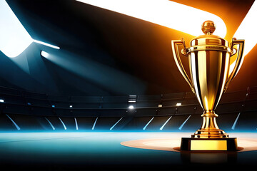 A golden trophy cup in a sports stadium lit up with bright dramatic flood lights - Generative AI