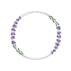 Botanical hand drawn round frame. Line drawn lavender in a circle. Elegant minimalist template for wedding invitations, cards, posters, postcards, logo design © Svetlana