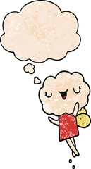 cute cartoon cloud head creature with thought bubble in grunge texture style