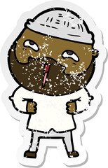 distressed sticker of a cartoon happy bearded man