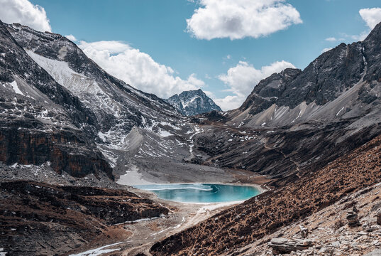 Daocheng yading scenic spot(inagi aden),in Sichuan,China National Nature Reserve,whit Blue lake, snow mountain valley, Tibetan temple