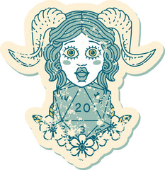grunge sticker of a tiefling with natural twenty dice roll