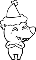 hand drawn line drawing of a bear showing teeth wearing santa hat