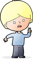 cartoon unhappy boy giving peace sign