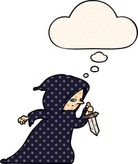 cartoon assassin with thought bubble in comic book style