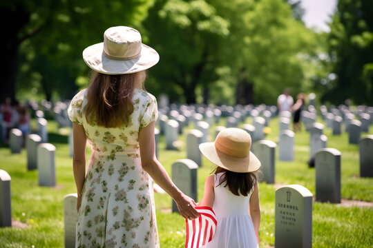 Mother with daughter in cemetery with american flags for memorial day. Generative AI