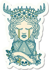 sticker of a crying elf druid character face with natural one D20 dice roll