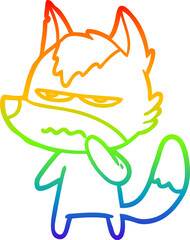rainbow gradient line drawing of a cartoon annoyed wolf