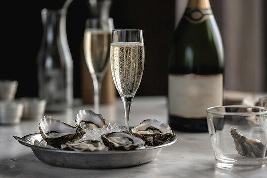 Champagne glasses with sparkling wine and bottle in bucket near oysters, created with Generative AI Technology
