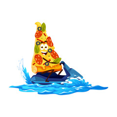 Cartoon pizza slice character on jet ski, vector fast food on summer holiday. Funny pizza on jet ski on sea or ocean waves, cheerful fast food snack on summer vacations and sport, kids comic junk food