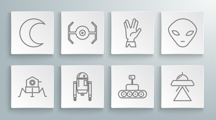 Set line Mars rover, Cosmic ship, Robot, UFO flying spaceship, Vulcan salute, Alien and Moon and stars icon. Vector