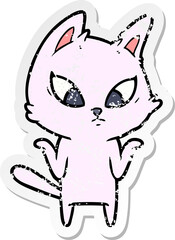 distressed sticker of a confused cartoon cat shrugging shoulders