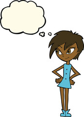 cartoon girl with hands on hips with thought bubble