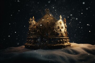 A crown of gold atop a snow mound against a dark sky, surrounded by snowflakes. Generative AI