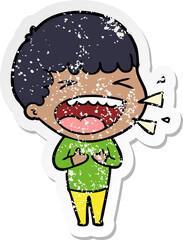 distressed sticker of a cartoon laughing man