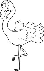 freehand drawn black and white cartoon flamingo