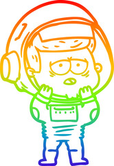 rainbow gradient line drawing of a cartoon tired astronaut