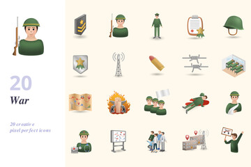 War set. Creative icons: military rank, soldier, commander, military order, helmet, army badge, transmitter, bullet, barbed wire, barracks, battle map, offensive, retreat, dead soldier, wounded