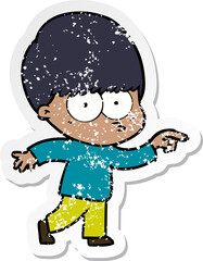 distressed sticker of a nervous cartoon boy