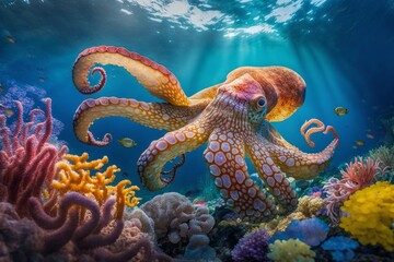 Octopus in ocean floor. Generative AI - obrazy, fototapety, plakaty