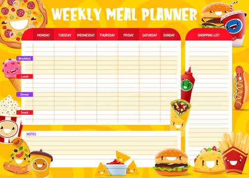 Weekly meal planner, funny cartoon takeaway fast food characters, vector food plan. Cheeseburger, pizza and taco sandwich with potato fries, hot dog and popcorn on diet plan and week eating schedule
