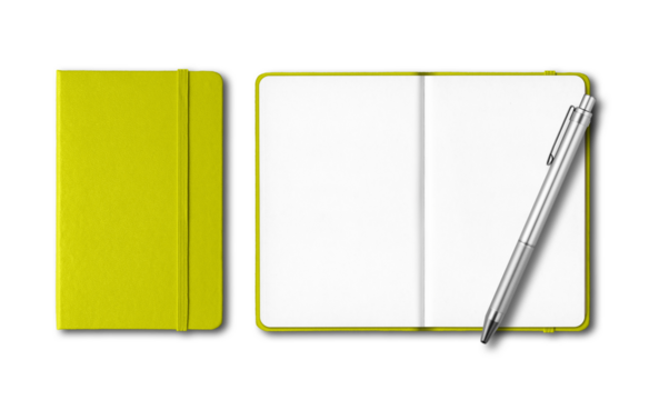 Green closed and open notebooks with a pen isolated on transparent background