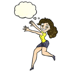 cartoon happy woman jumping with thought bubble