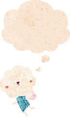 cute cartoon cloud head creature with thought bubble in grunge distressed retro textured style