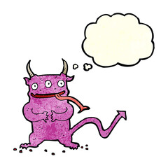 cartoon little demon with thought bubble