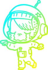 cold gradient line drawing of a cartoon crying astronaut girl