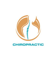 Fototapeta premium Chiropractic icon, physiotherapy, spine, back pain, body health and massage therapy. Vector silhouette of human figure with abstract bones of sine and neck isolated round symbol of chiropractor clinic