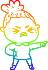 rainbow gradient line drawing of a cartoon angry woman