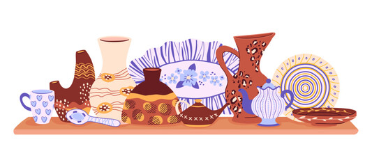 Ceramic crockery. Modern pottery, hand craft tableware, kitchen shelf with decorative pottery. Clay ceramic crockery flat vector illustration