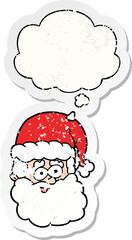 cartoon santa claus with thought bubble as a distressed worn sticker