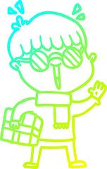 cold gradient line drawing of a cartoon boy with parcel waving