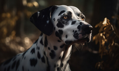 close up photo of Dalmatian on blurry forest background. Generative AI