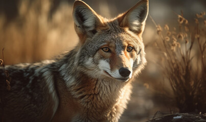 sunset close up photo of coyote amongst tall grass. Generative AI - obrazy, fototapety, plakaty