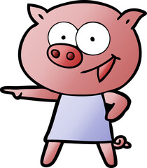 cheerful pig in dress pointing cartoon