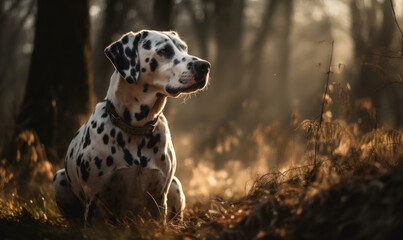 sunrise photo of Dalmatian sitting in forest. Generative AI