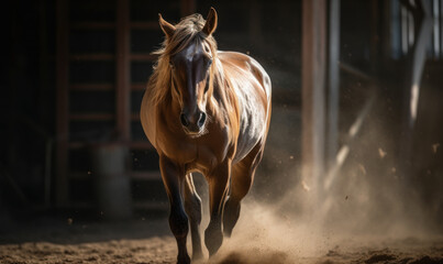 Cutting horse majestically maneuvering through dusty corral showing its agility & precision. composition highlights horse's natural talent & rugged Western landscape typical of its breed Generative AI