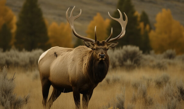 photo of American elk in its natural habitat. Generative AI