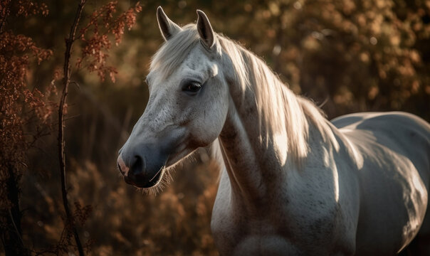 close up photo of Criollo, horse breed of Argentina on blurry forest background. Generative AI