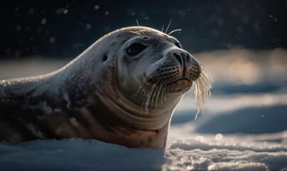Obraz premium Crabeater seal, captured amidst vast expanses of ice & snow. Animal is pictured basking in soft, diffused light of the Antarctic sun, its whiskers glistening with icy droplets. Generative AI