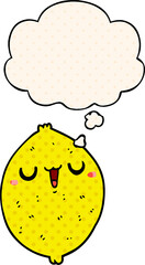 cartoon happy lemon with thought bubble in comic book style