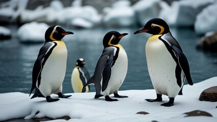 group of some white black yellow emperor penguins, generative AI