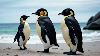 Obraz premium closeup of three white black yellow emperor penguins, generative AI